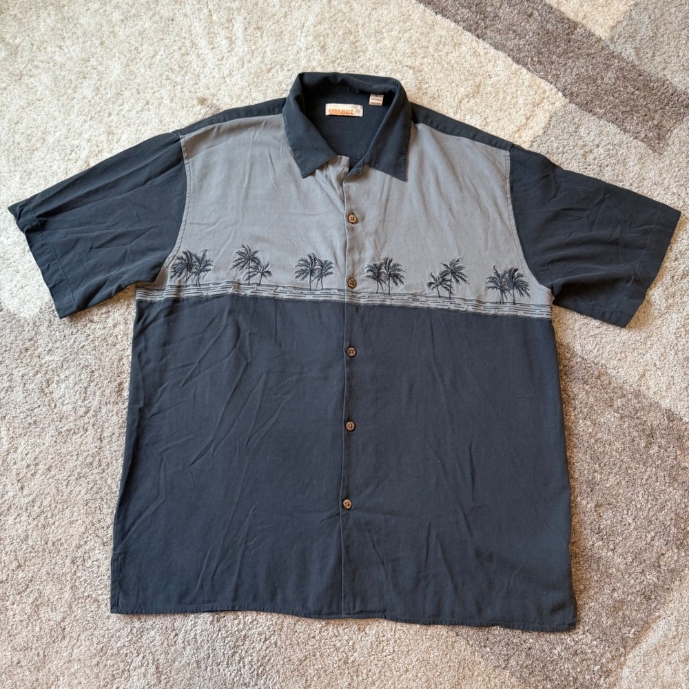 Sideout Destinations Mens Large Silk Palm Tree‎ Embroidered Camp Shirt Charcoal